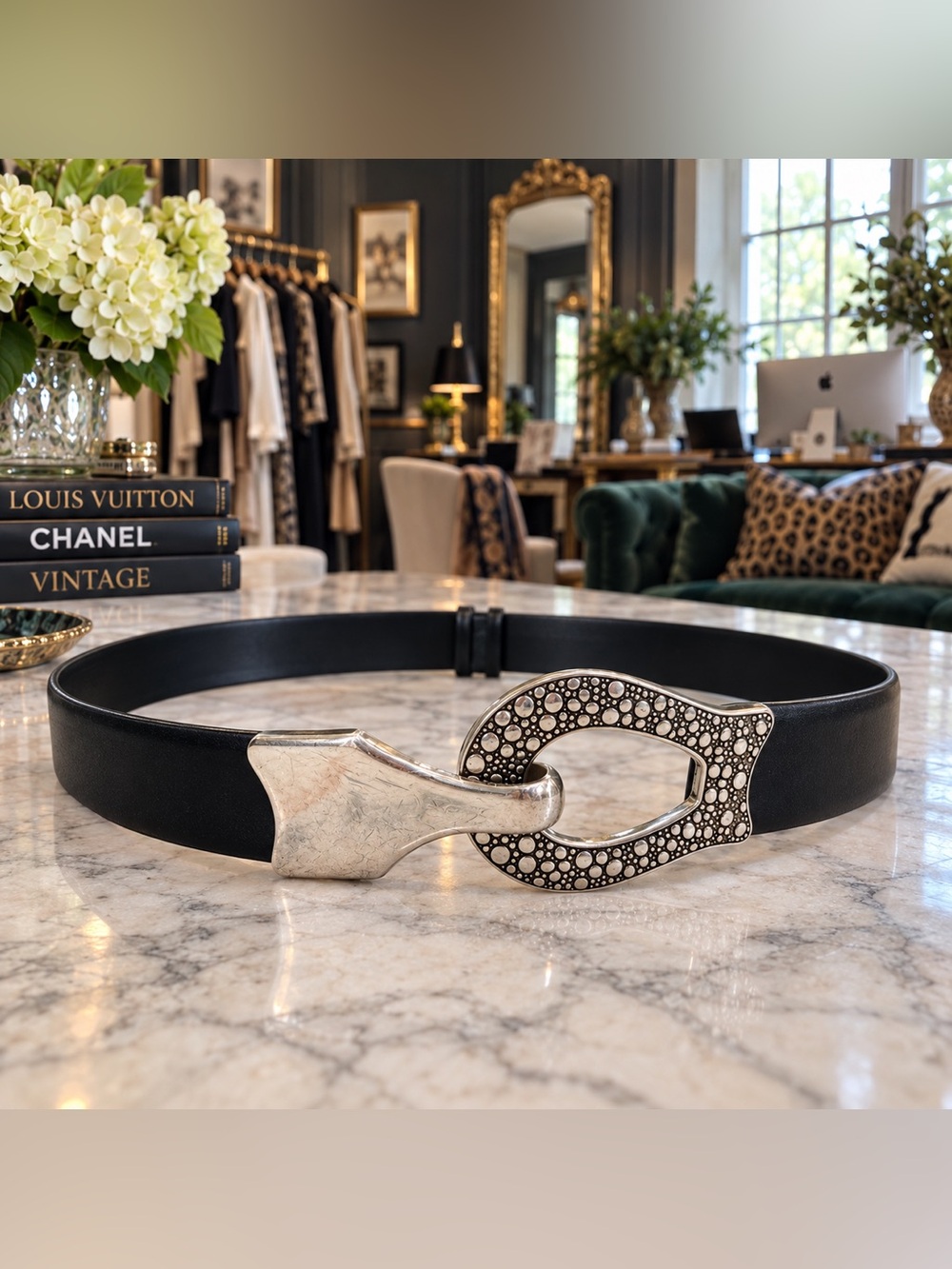 RARE Robert Lee Morris Black Leather Sculptural Silver Belt 38
